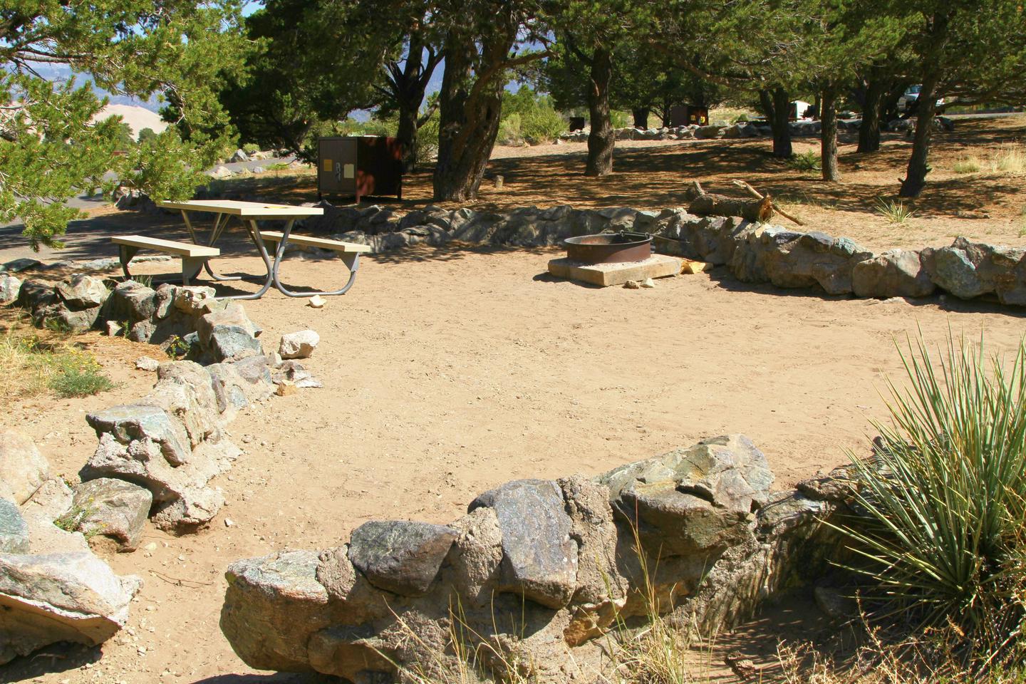 Side view of Site #70 tent pad with picnic table and fire ring.Site #70, Pinon Flats Campground