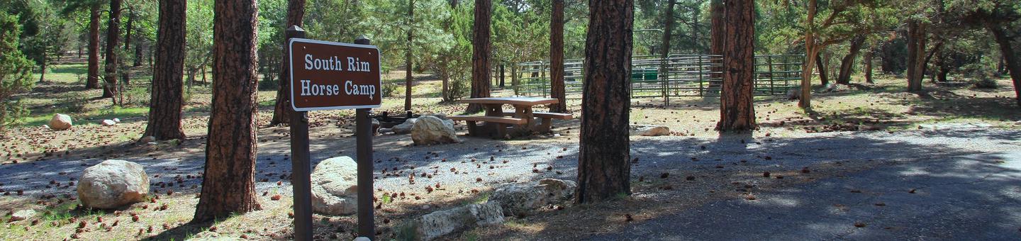 Picnic tables, fire pit, horse corral, and parking spot, Mather Campground
