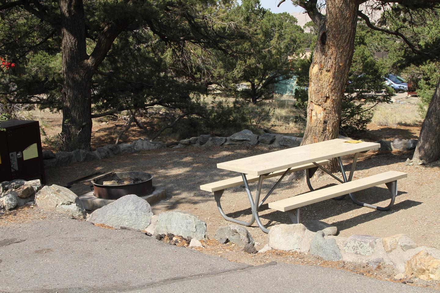 Close up view of Site #76 tent pad with picnic table, bear box, and fire ring. Several large trees can been seen both inside and outside of the rock wall boundary.Site #76, Pinon Flats Campground