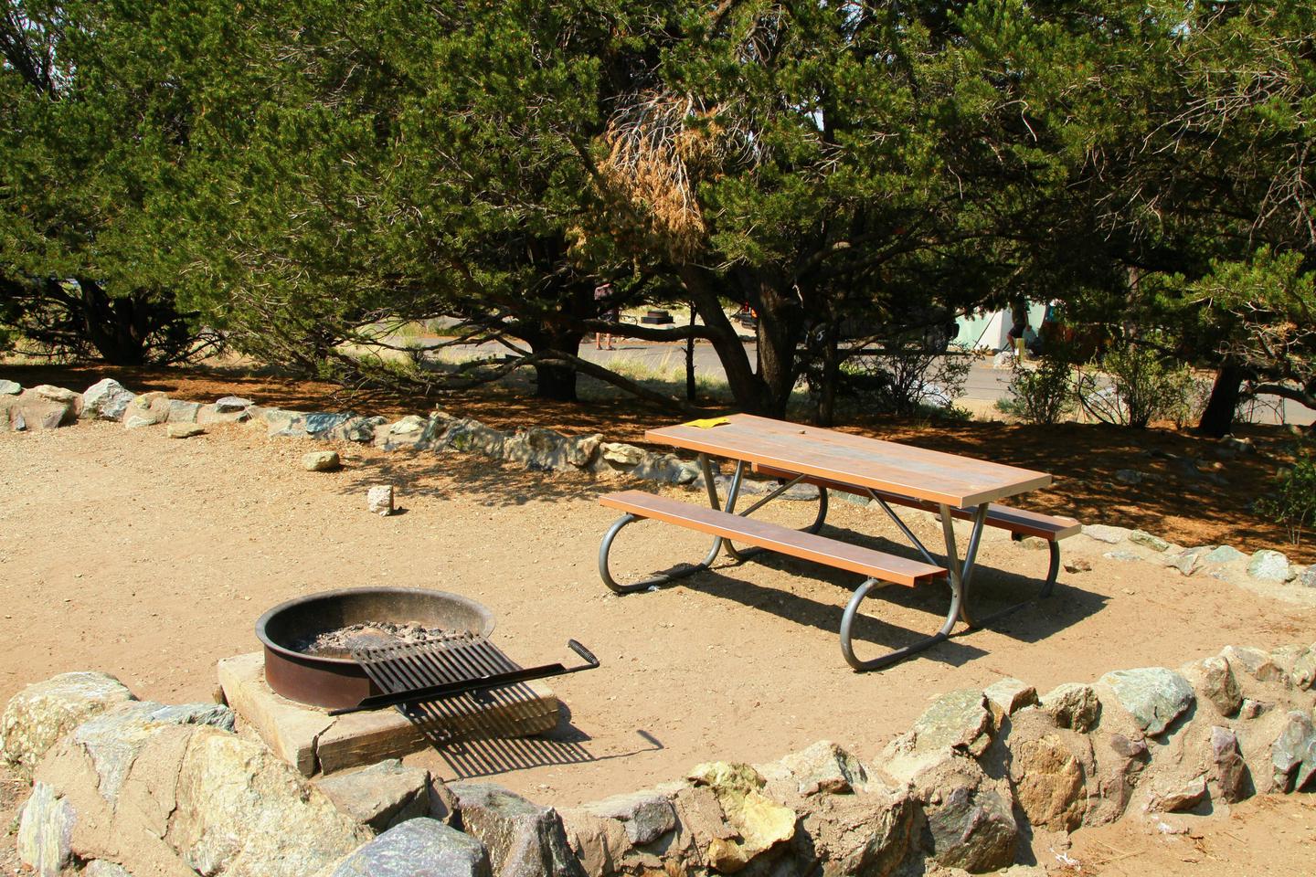 Close up view of Site #82 tent pad, with picnic table and fire ring. Tent pad is bordered by a low rock wall.Site #82, Pinon Flats Campground