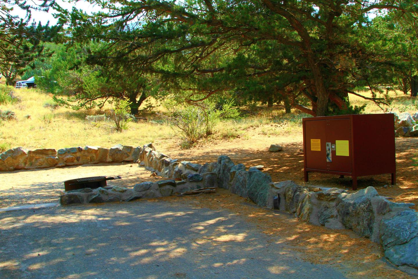 Side view of Site #73 from the parking pad, showing where the bear box is located under a tree.Site #73, Pinon Flats Campground