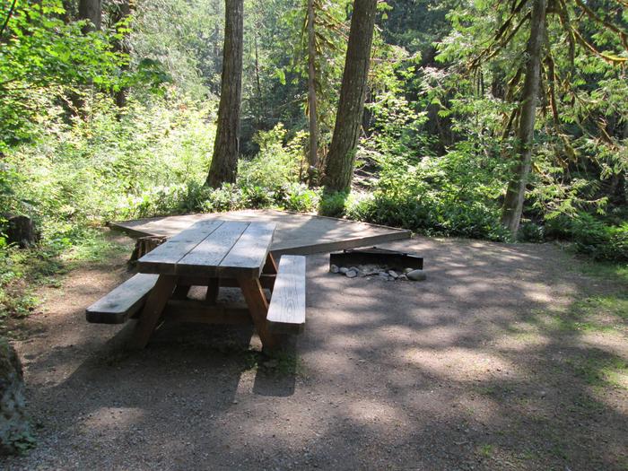Campsite near river with picnic table, tent pad and campfire ring.Site 23