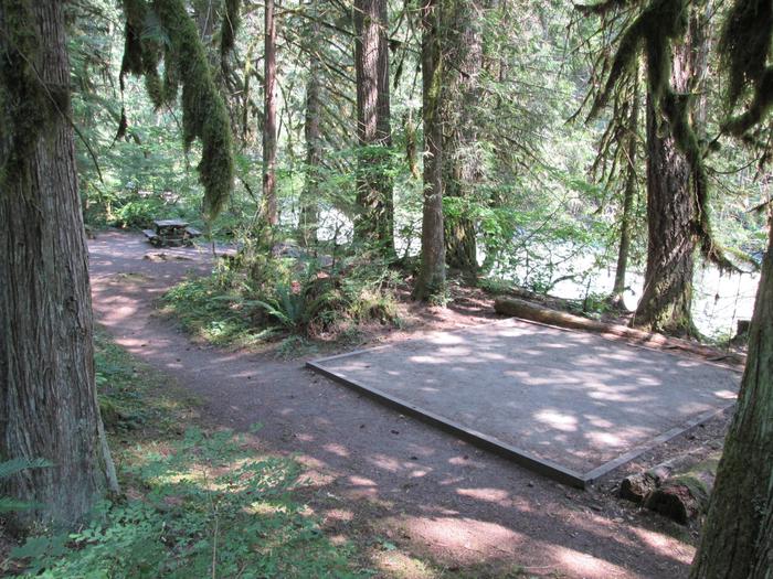 Campsite near river with picnic table and tent pad.Site 19