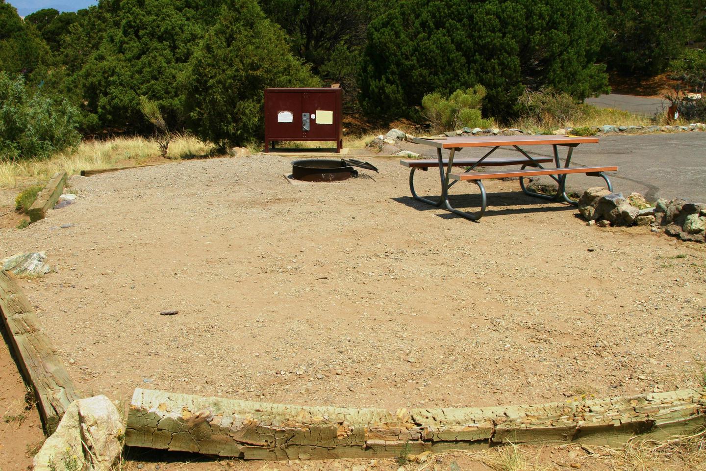 Back view of Site #46 tent pad, picnic table, fire ring, and bear box. Bear box from neighboring site #48 can be seen in background.Site #46, Pinon Flats Campground