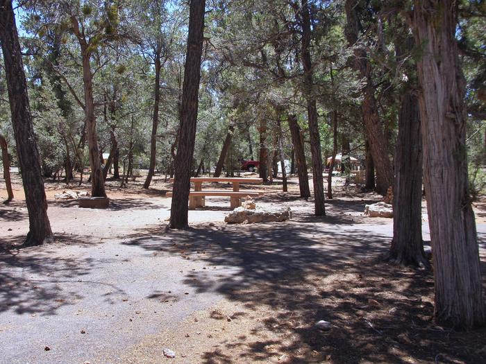 Picnic table, fire pit, tent, and parking spot, Mather Campground