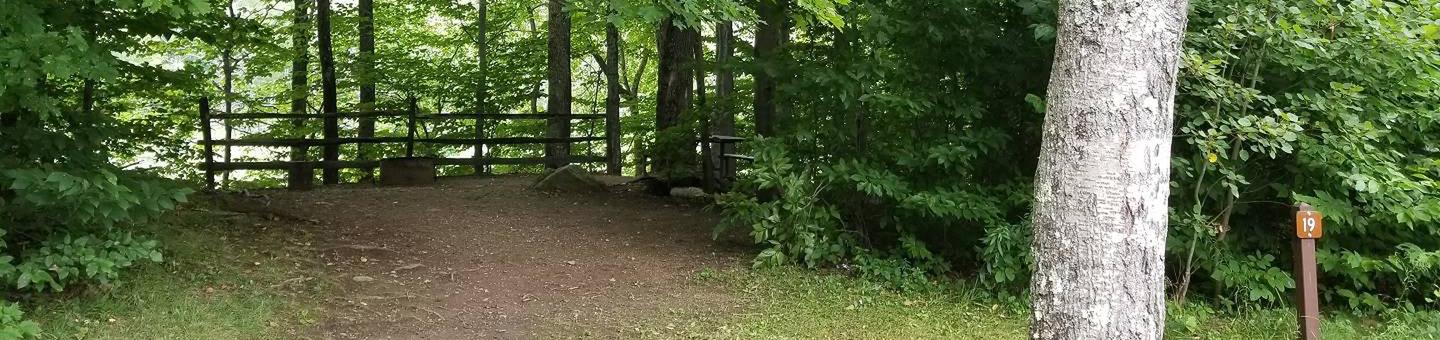 campsite with picnic table, fire ring, and split rail fence in wooded areacampsite 19