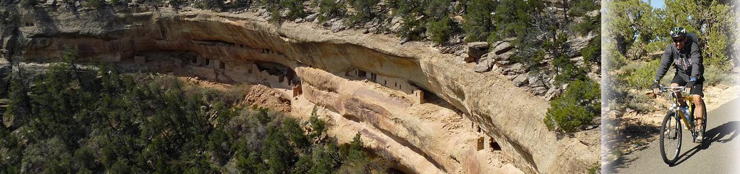 Stone masonry cliff dwelling on left with photo of bicyclist on the right