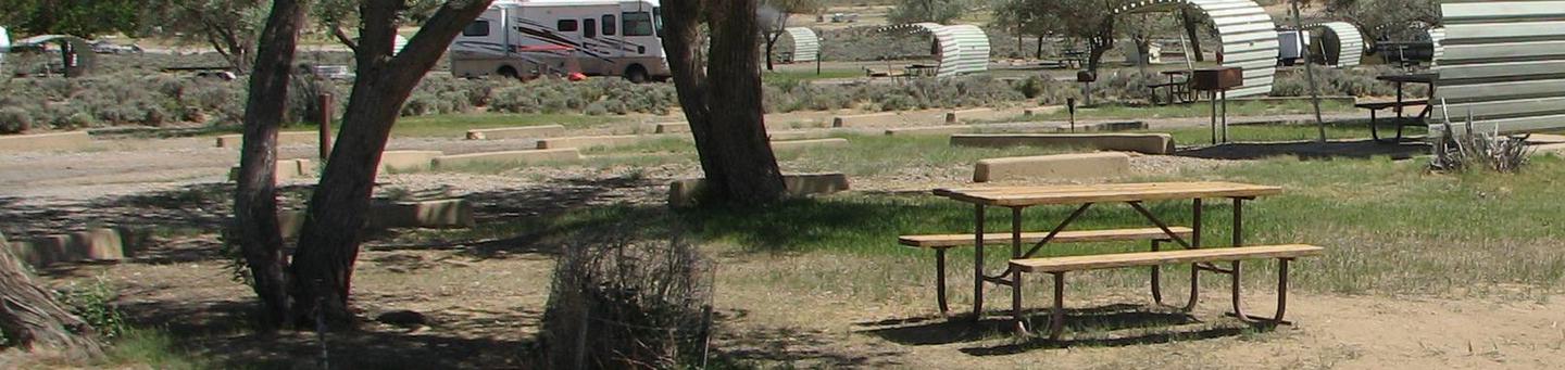 Picnic table in a semi grassy area with a couple of large trees next to it. Other sites can be seen in the background.Buckboard Crossing Campground: Loop B, Site 17