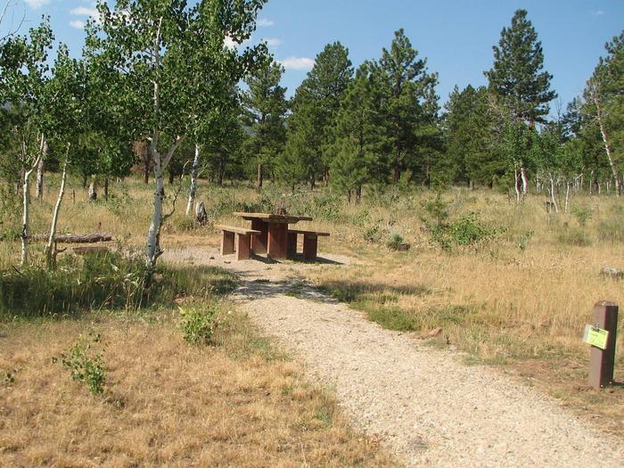 This site has a picnic table in a gravel area with grasses and trees surrounding the site.Canyon Rim Campground: Site 1