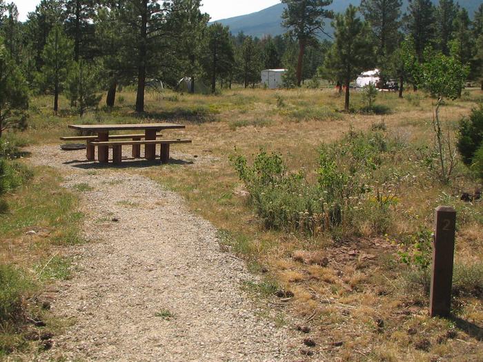 This site has a picnic table in a gravel area with grasses and trees surrounding the site.Canyon Rim Campground: Site 2