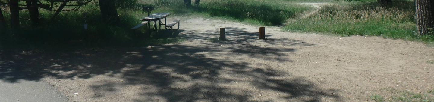 Site 49 has wooden posts on the right side. The picnic table is located on the right side of the site. Site 49 