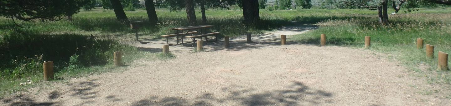 Site 53 picnic table and grill are beyond the wooden posts surrounding the site. Site 53 is near the river. 