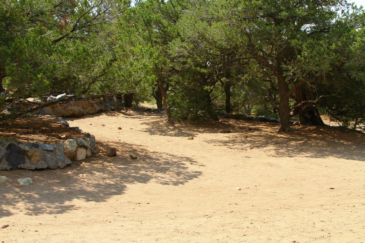 View of Group Site "B" tent area, showing rock wall border and surrounding trees.Group Site B, Pinon Flats Campground