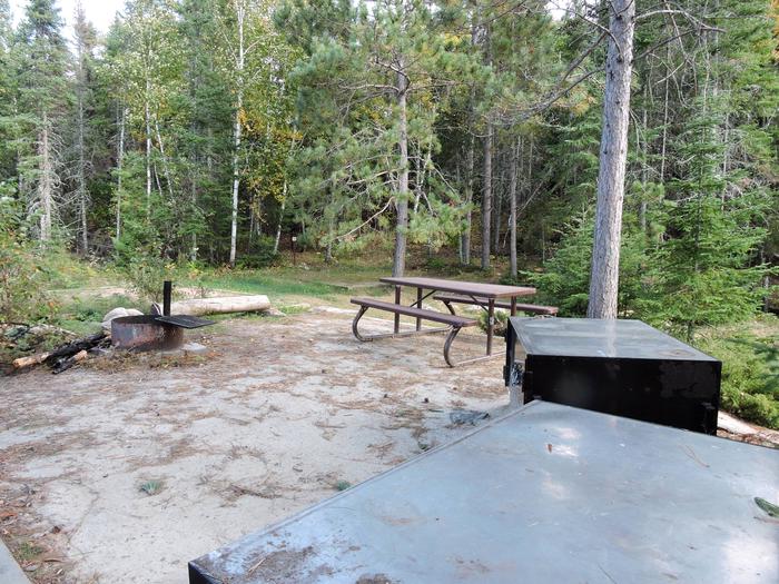 Tango Channel campsite core area with bear lockers, fire ring and picnic table