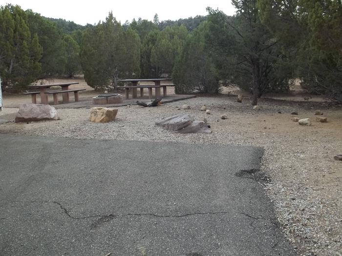 This site has two picnic tables and fire pit on asphalt area behind the parking area that is separated by boulders and gravel.Cedar Springs Campground: Site 6