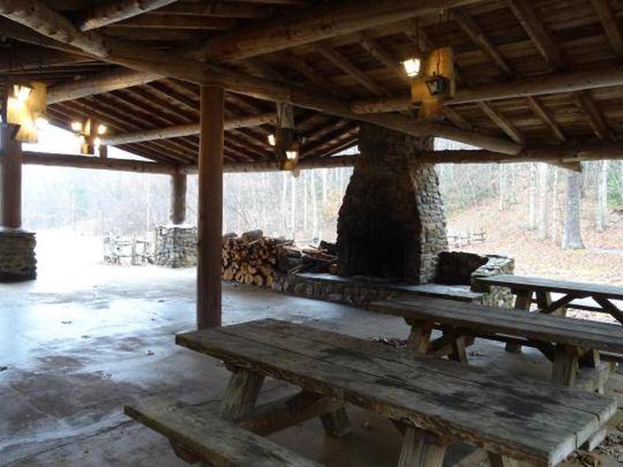 Fireplace and picnic tables at Katy Branch
