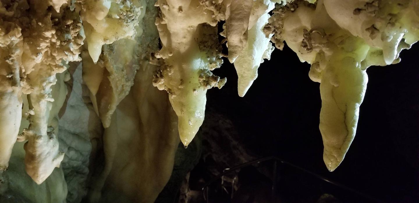 White stalactites with helictites growing on themDelicate formations found in Timpanogos Cave