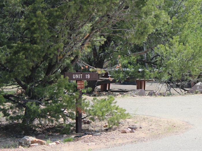 Picnic table and fire pit in a gravel area in the middle of a group of trees to the side of the asphalt. Identifier sign marks the beginning of the site.Cedar Springs Campground: Site 19