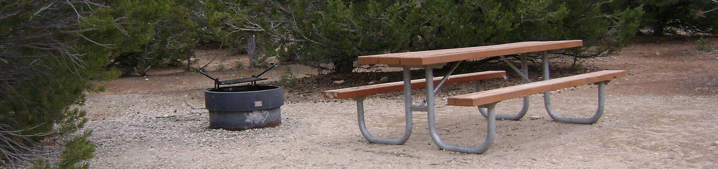 Picnic table and fire pit in a gravel area with trees surrounding the area.Deer Run Campground: Site 1