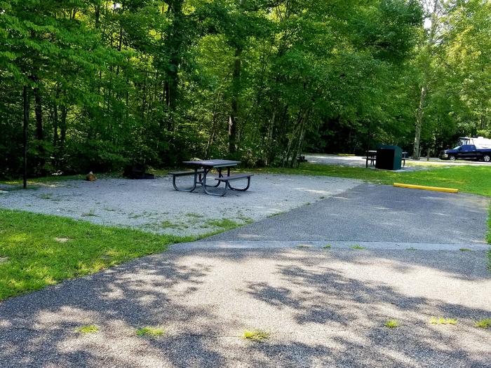 Picnic table sits on gravel tent pad up next to tree line.Blue Heron Campground Site 18