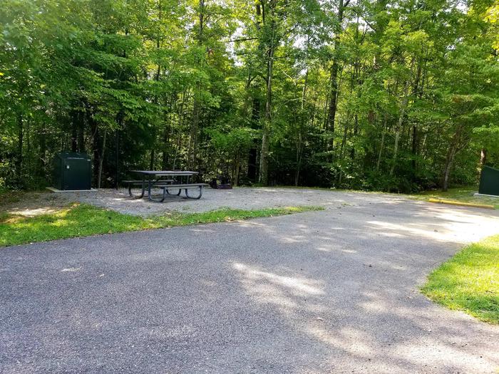 Paved parking area next to gravel tent pad and picnic table.Blue Heron Campground Site 19