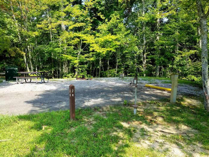 Wooden numbered post sits near paved parking spot next to gravel tent pad and picnic table.Blue Heron Campground Site 24