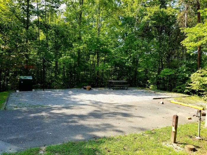 Trees cast a shade over the paved parking area and gravel tent pad on campsite.Blue Heron Campground Site 35