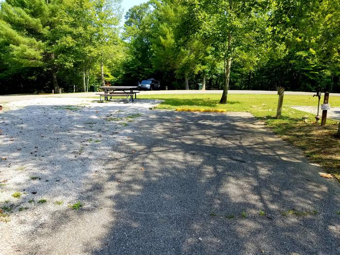 Shade covers a paved and gravel area on a campsite with a picnic table.Blue Heron Campground Site 36