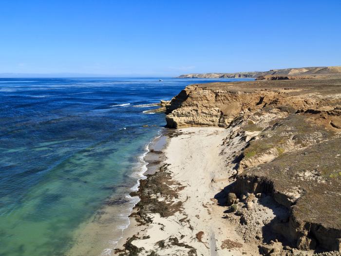 Coastline with sandy beach and low bluffs. Northwest coast of Santa Rosa Island.