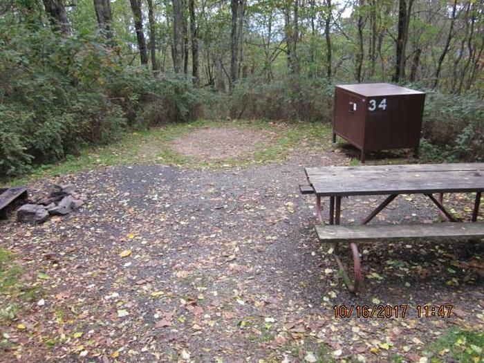 Loft Mountain Campground - Site 34Picnic table, food storage locker, and fire pit on campsite