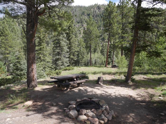 Loop A Site 19 partially shaded area with picnic table, fire pit and mountain views
