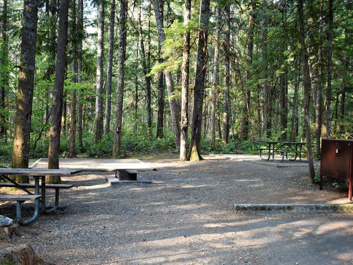 Picnic tables, fire ring, tent pads, and food storage lockerView of campsite