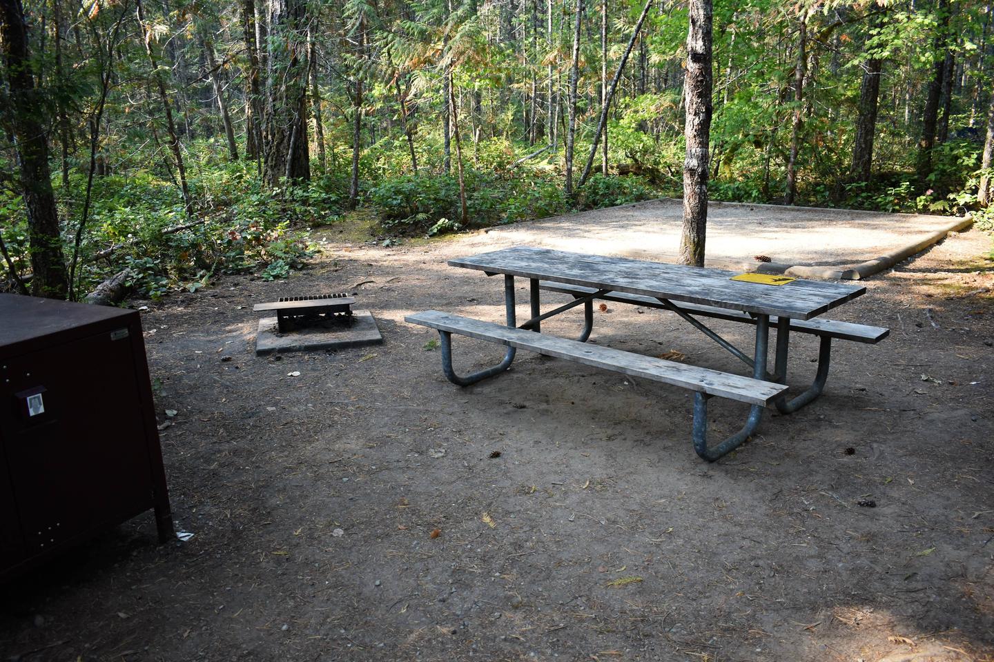 Food storage locker, fire ring, picnic table, and tent padView of campsite