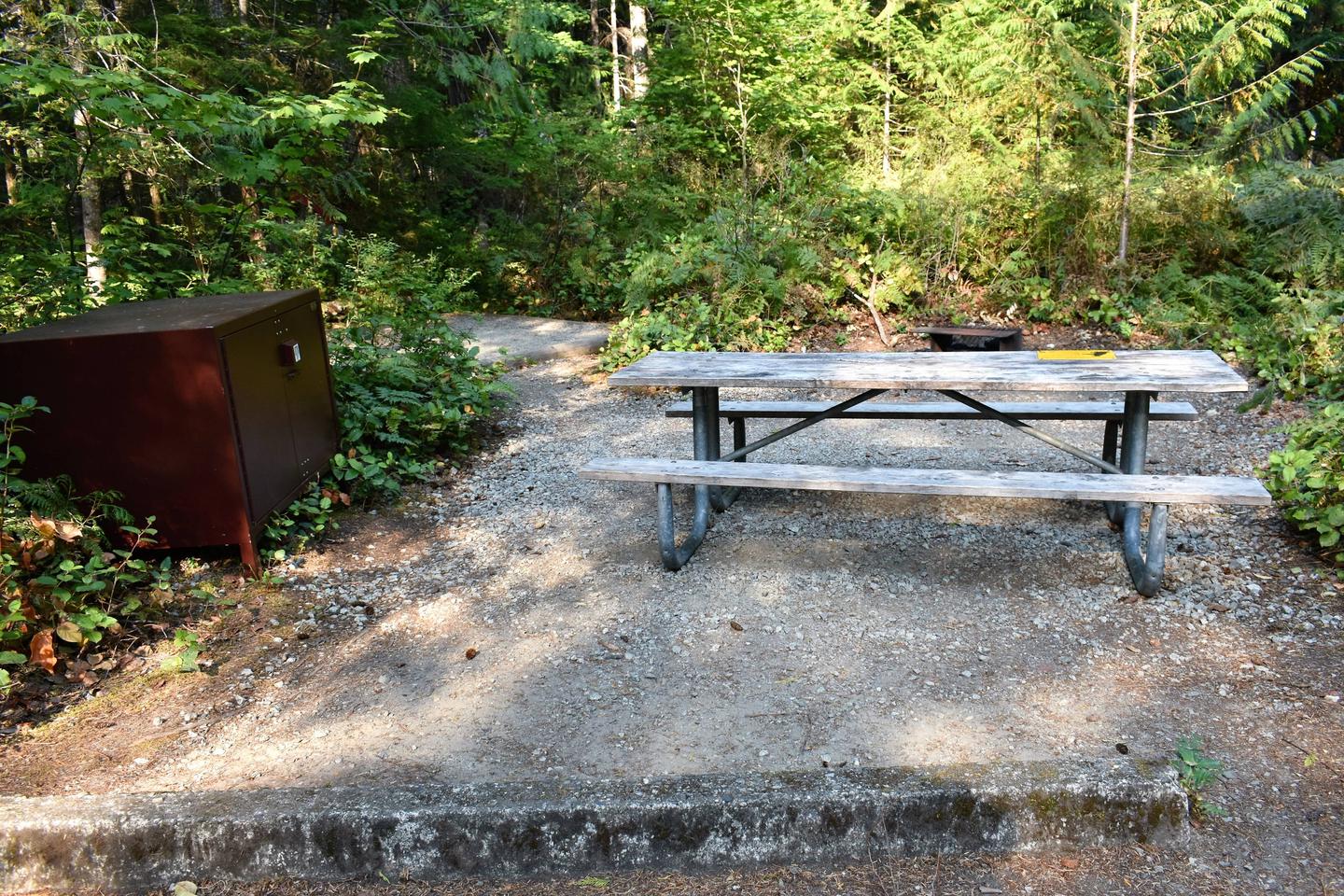 Food storage locker, tent pad, picnic table, and fire ringView of campsite