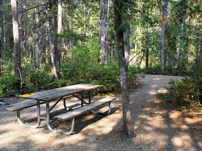 Picnic table, and tent padView of campsite