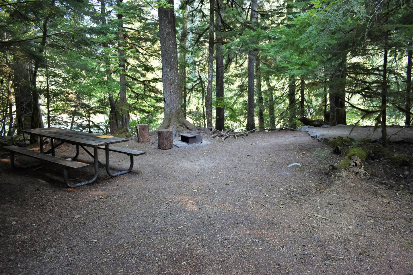 Picnic table, fire ring, and tent pad with river in distanceView of campsite