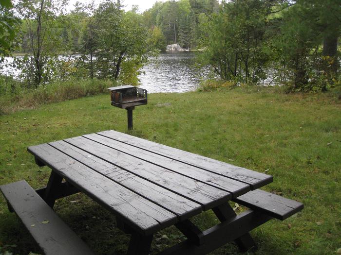 Picnic table and grill.Picnic area with table and grill.
