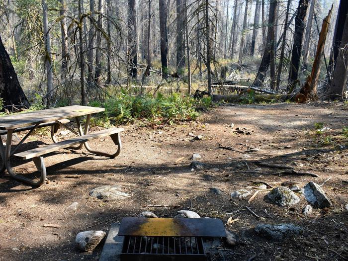 Picnic table, fire ring, and tent areaView of campsite