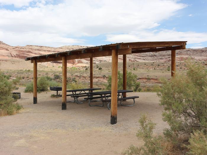 Dewey Bridge Group Site C shade shelter and picnic tables. 