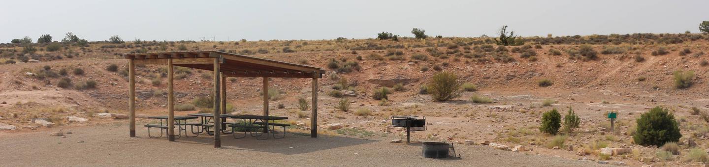 Lone Mesa Group Site D shade shelter, picnic tables, fire ring, and standing grill.