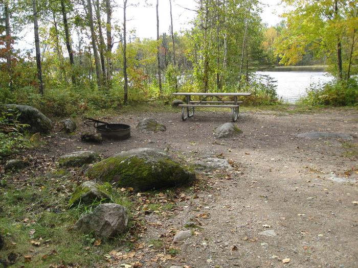 Picture of campsite.Campsite with table, fire ring, and tent pad.