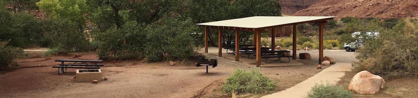 Big Bend Group Site B shade shelter, picnic tables, and fire ring. 