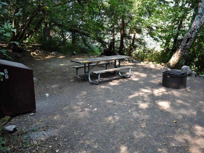 Food storage locker, picnic table, and fire ringView of campsite