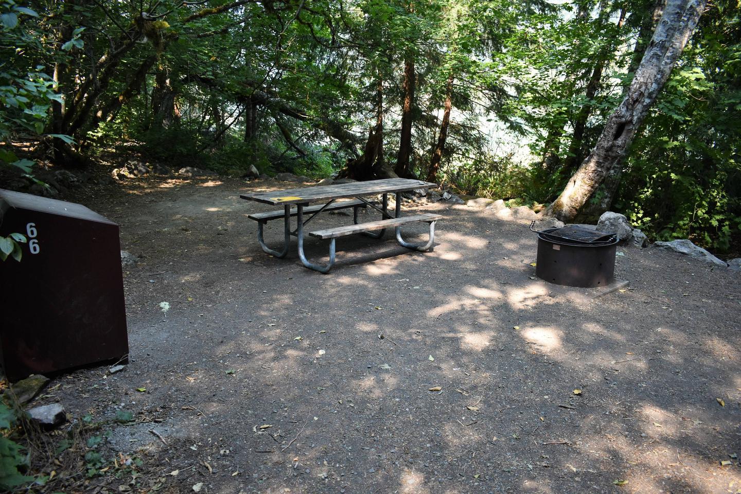Food storage locker, picnic table, and fire ringView of campsite