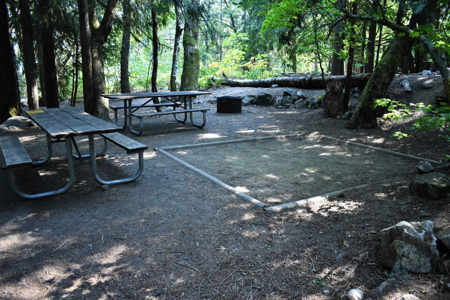Two picnic tables, fire ring, and tent padView of campsite