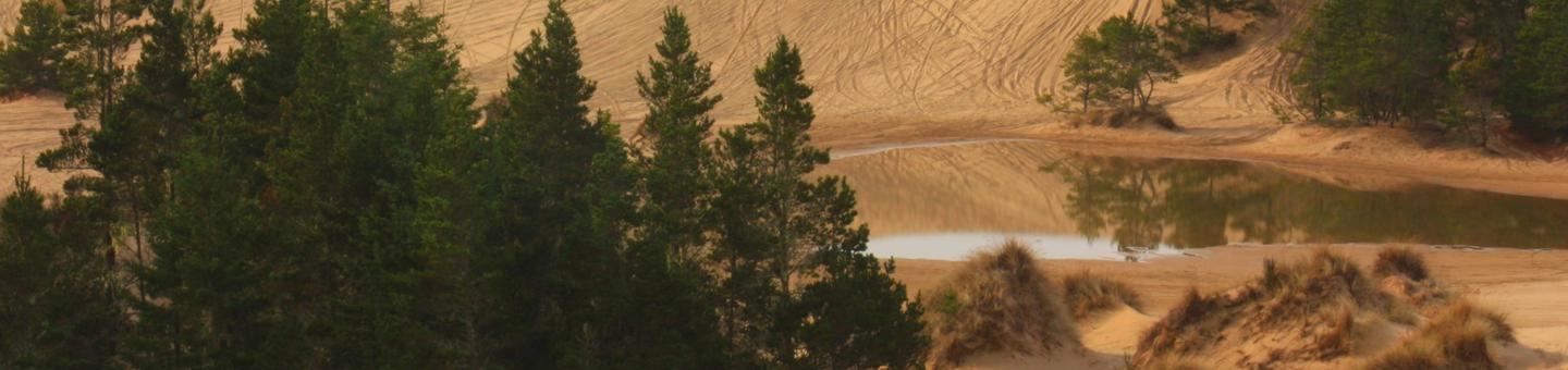 Small lake reflecting conifer trees and sand dunes.Hauser Sand Camping
