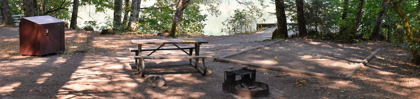 Food storage locker, picnic table, fire ring, and tent padView of campsite