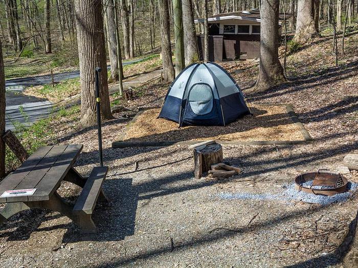 campsite with picnic table, tent pad, fire ring, and blue tent, a bathroom is in the backgroundOwens Creek Site #20