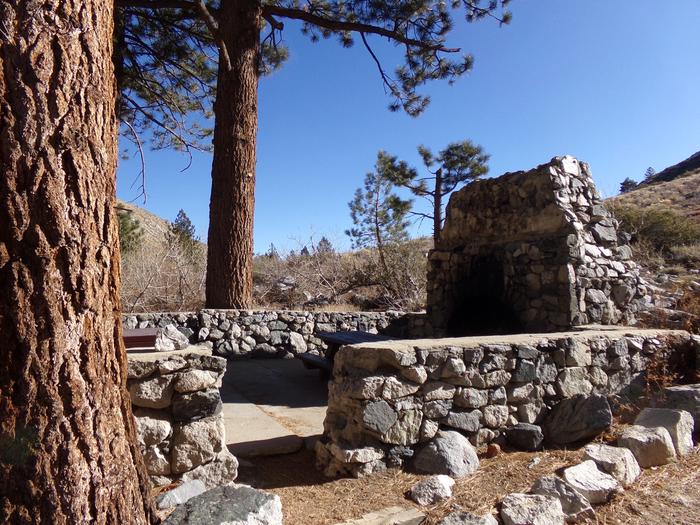 Big Pine Creek Campground Site #9 with stone fire pitCloser view of camping space among the tall pines with fire pit 