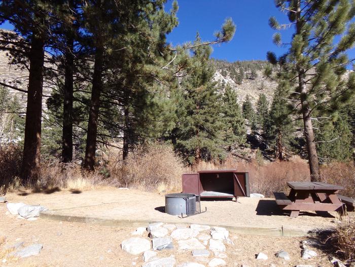 Big Pine Creek Campground Site #15 featuring picnic table, food storage, and fire pit.Big Pine Creek Campground Site #15 featuring picnic table, food storage, and fire pit with views of trees and mountain.